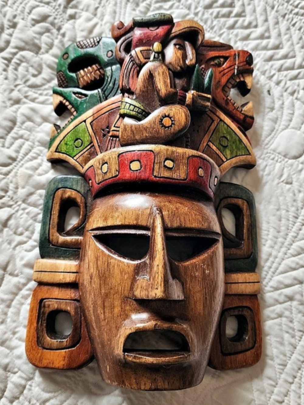 Mayan Style Carved Wood Wall Mask Painted Folk Art Animal Headdress 9.75"